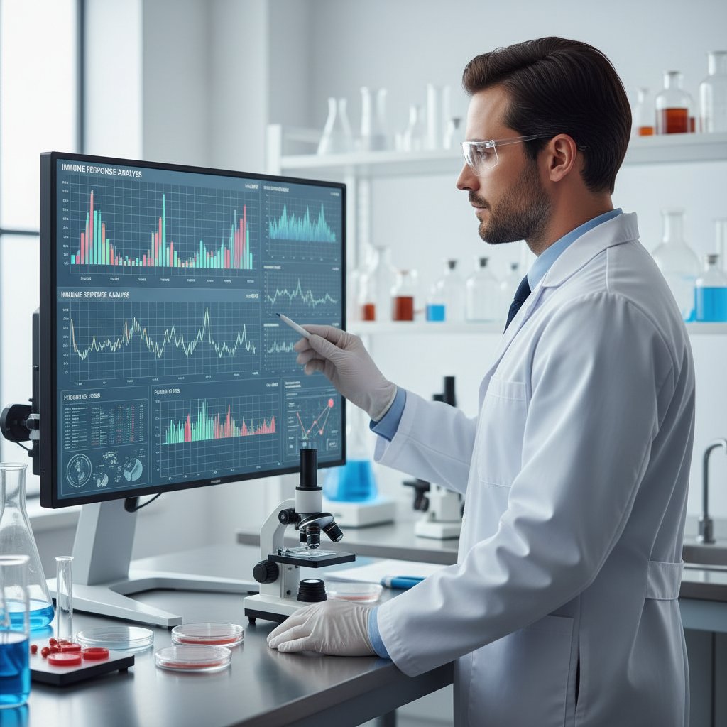 Zdjęcie osoby analizującej wyniki laboratoryjne z wykresem odpowiedzi immunologicznej