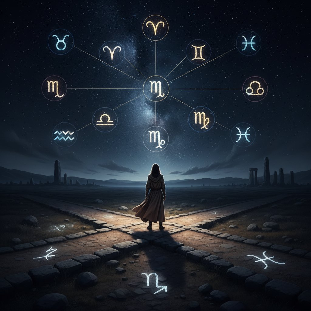 Osoba stojąca na rozdrożu z symbolami zodiaku na niebie, symbolizująca wybór i refleksję nad astrologią