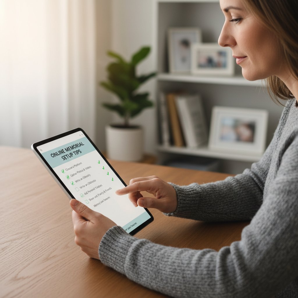 Person checking items on a digital checklist on a tablet, keywords: online memorial setup tips