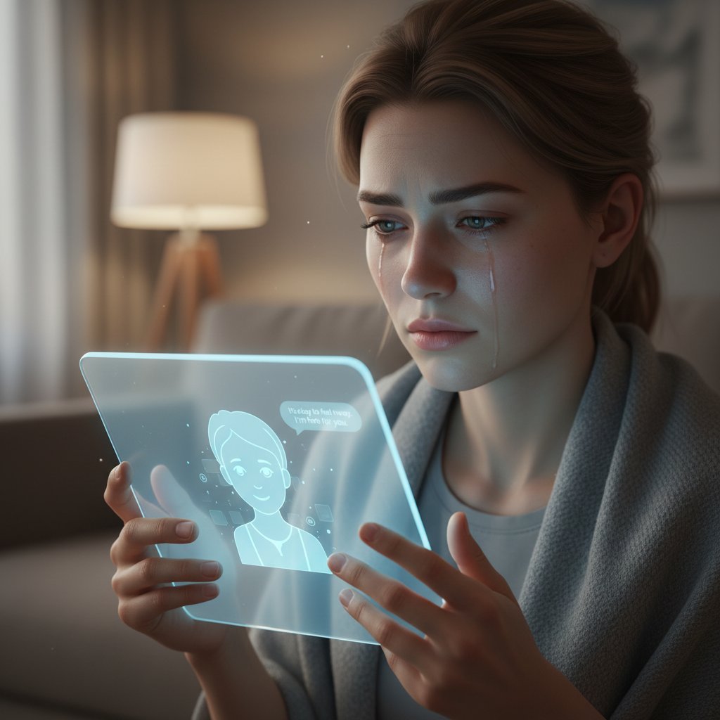Close-up of a person wiping tears while chatting with an AI chatbot, illustrating machine learning and emotional support limits