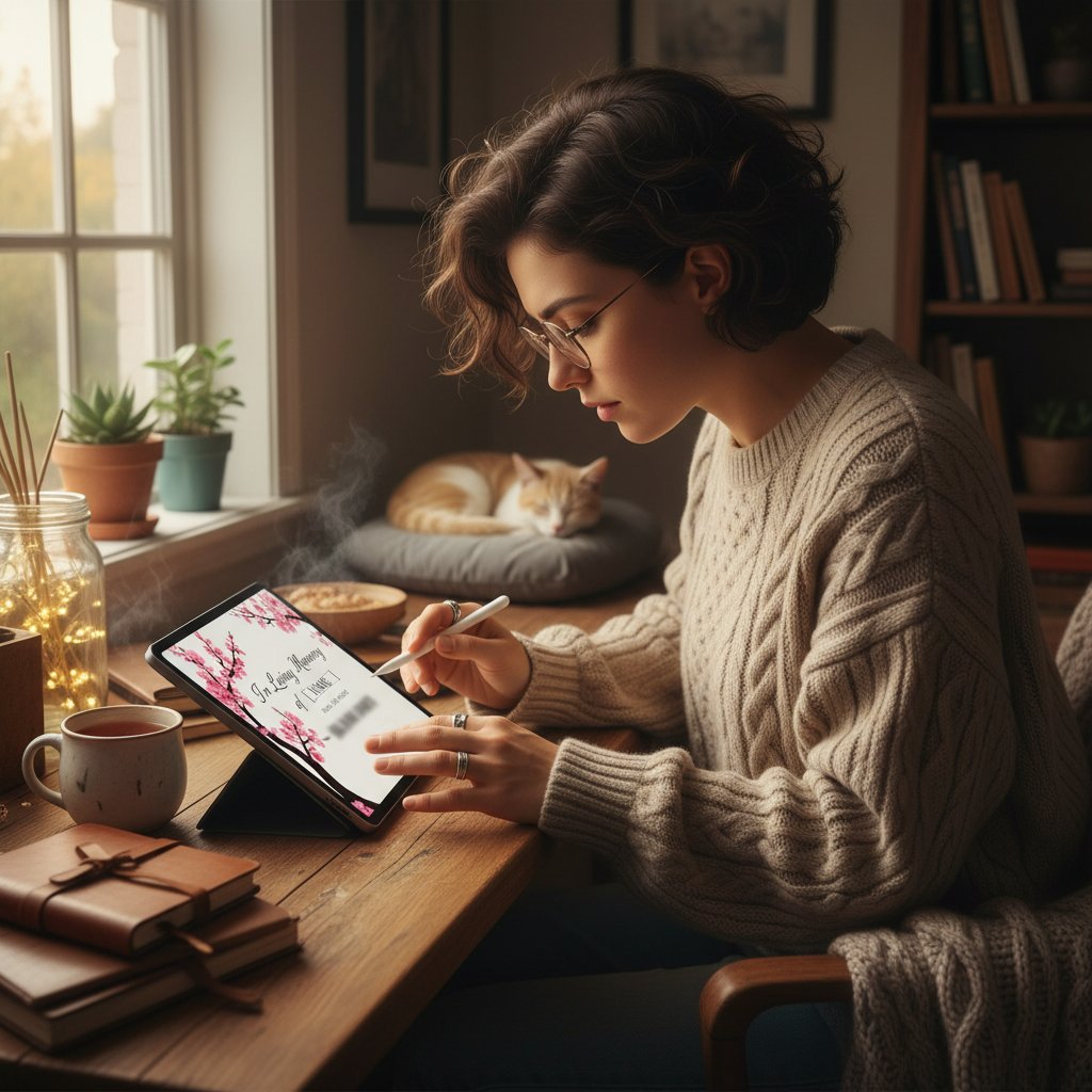 Person designing a digital memorial invite at a cozy desk, focused on online memorial event hosting guidelines
