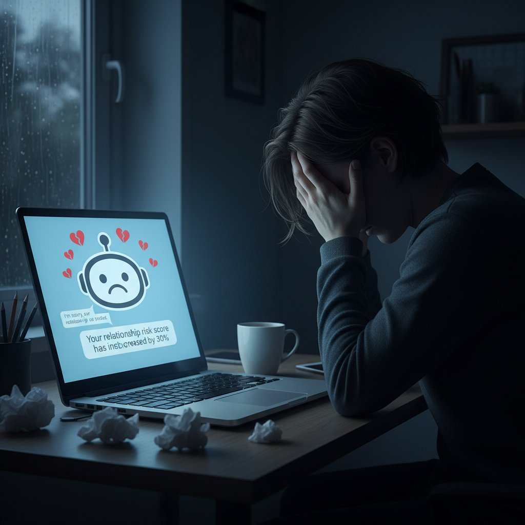 A person looking distraught after following chatbot advice, phone screen showing breakup message, symbolizing emotional risks of chatbots