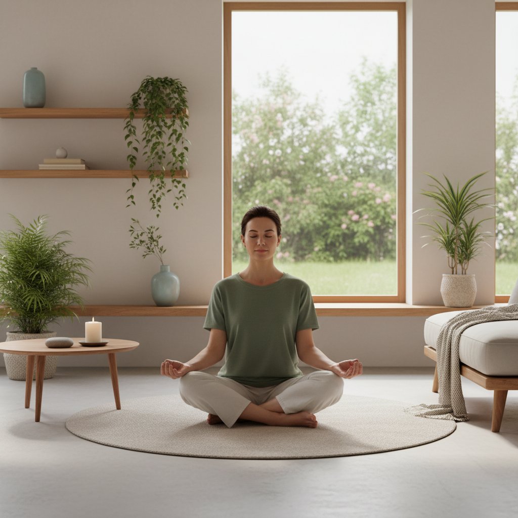 Osoba wykonująca ćwiczenie mindfulness na tle spokojnego wnętrza – symbol rozwijania samoświadomości przez codzienne mikro-nawyki