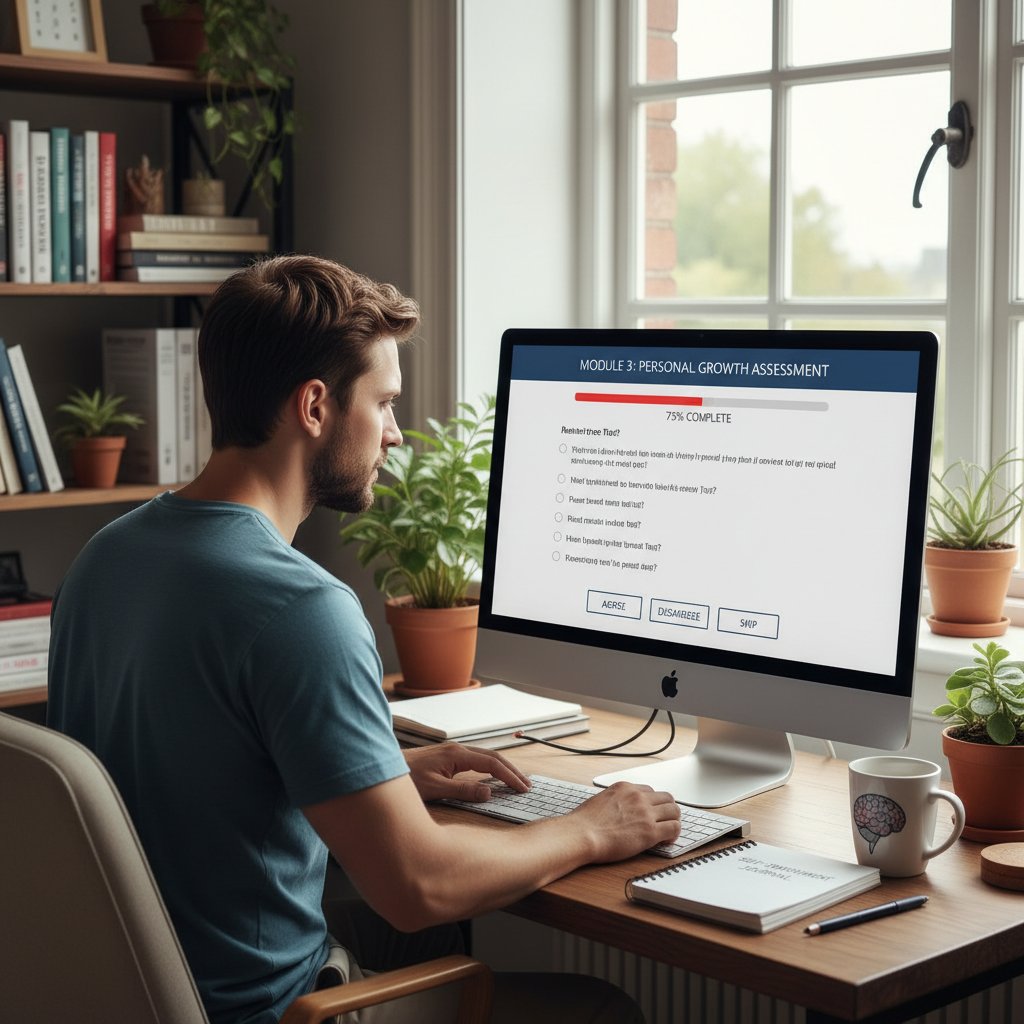 Osoba wypełniająca test emocjonalny na komputerze, narzędzia samopomocowe online