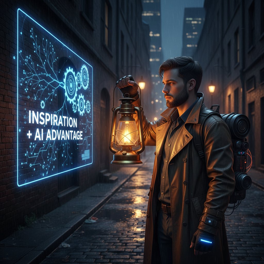 Osoba trzymająca lampę, stojąca na tle miejskiego pejzażu nocą – symbol inspiracji i przewagi AI