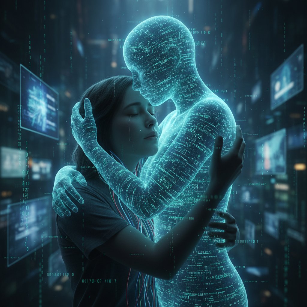 Mensch umarmt Datenströme als Symbol für emotionale Abhängigkeit von KI und digitale Liebeserfahrung