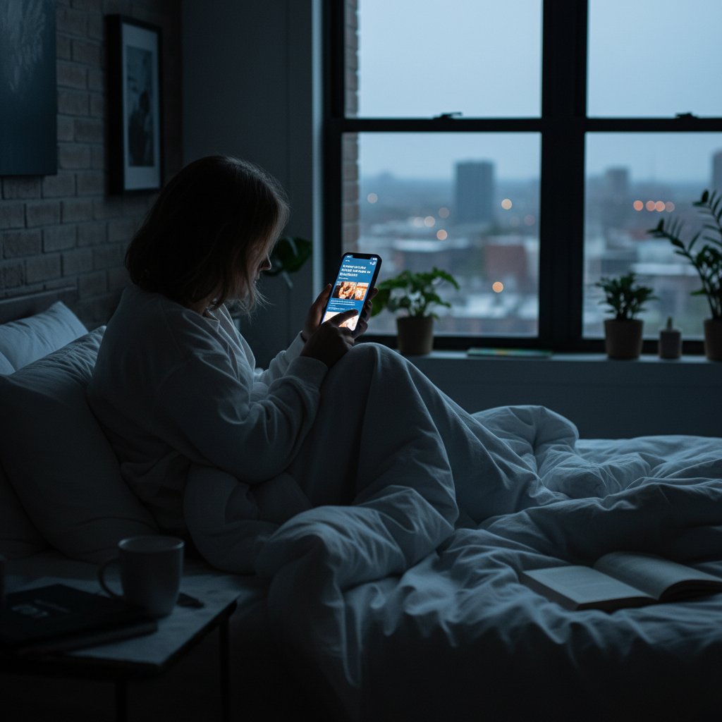 Cinematic photo of a person in bed scrolling through relationship blogs on a phone, late at night, moody and intimate, 16:9, urban apartment