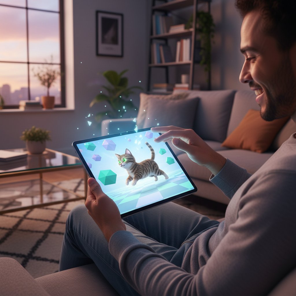 Person interagiert mit KI-Katze auf Tablet
