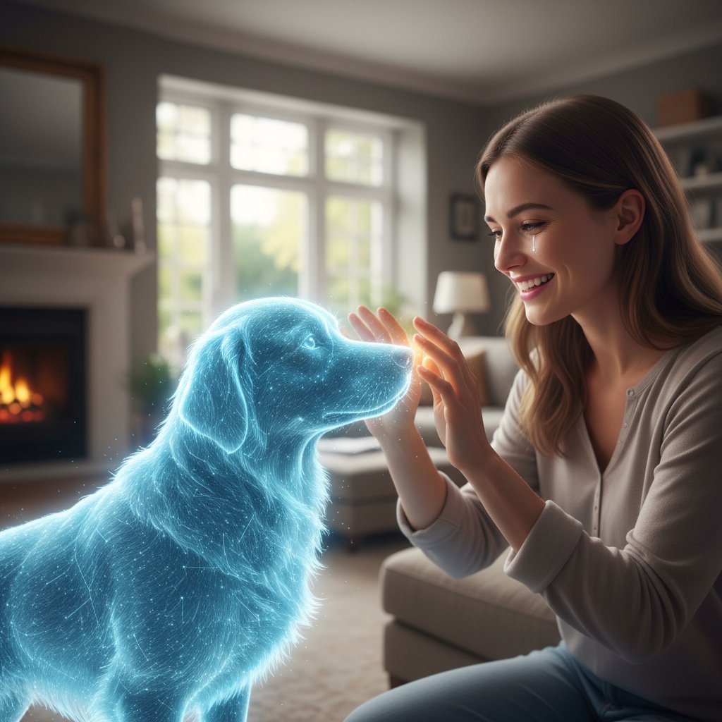 Nahaufnahme eines Menschen, der sanft mit einem virtuellen Hund auf dem Bildschirm interagiert, fokussierter, emotionaler Gesichtsausdruck, LSI: emotionale Bindung, digitale Haustierpsychologie