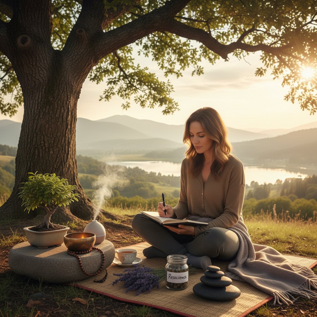 Integrating journaling and mindfulness for resilience, person journaling outdoors surrounded by meditation objects, serene scene