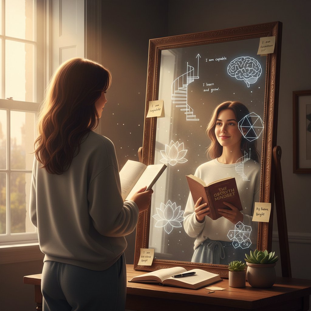 Osoba wpatrująca się w swoje odbicie w lustrze, myśląca o rozwoju