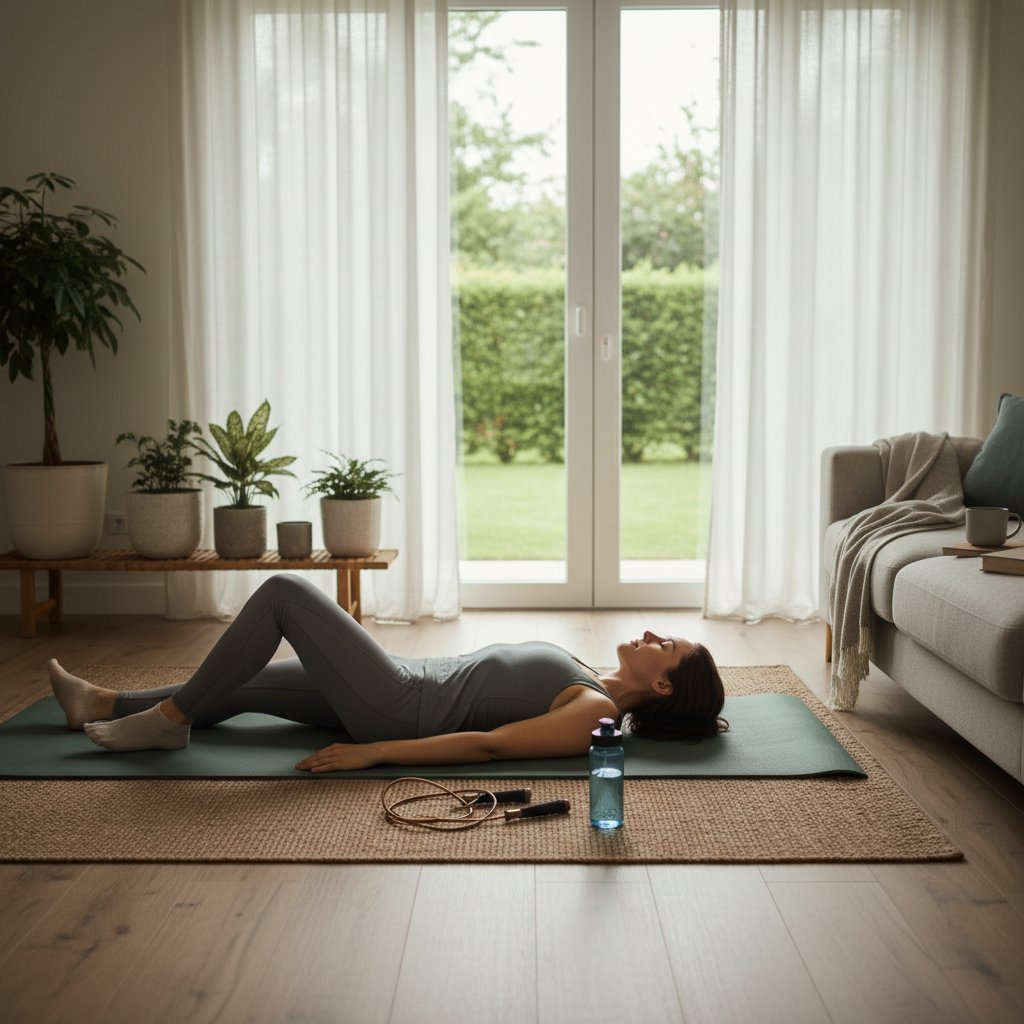 Osoba leżąca na macie z zamkniętymi oczami po treningu cardio, aura spokoju, elementy relaksu