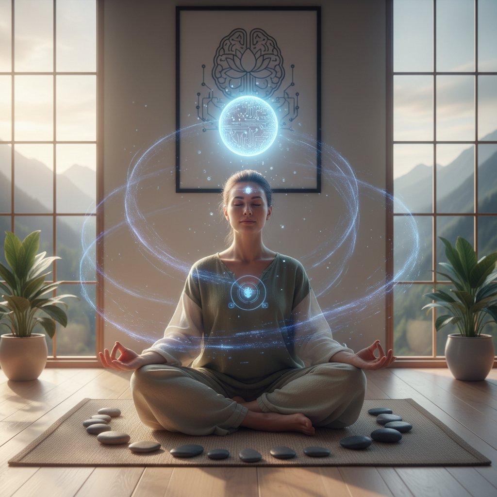 Osoba w pozycji medytacyjnej, spokojne otoczenie, mindfulness, ćwiczenia AI