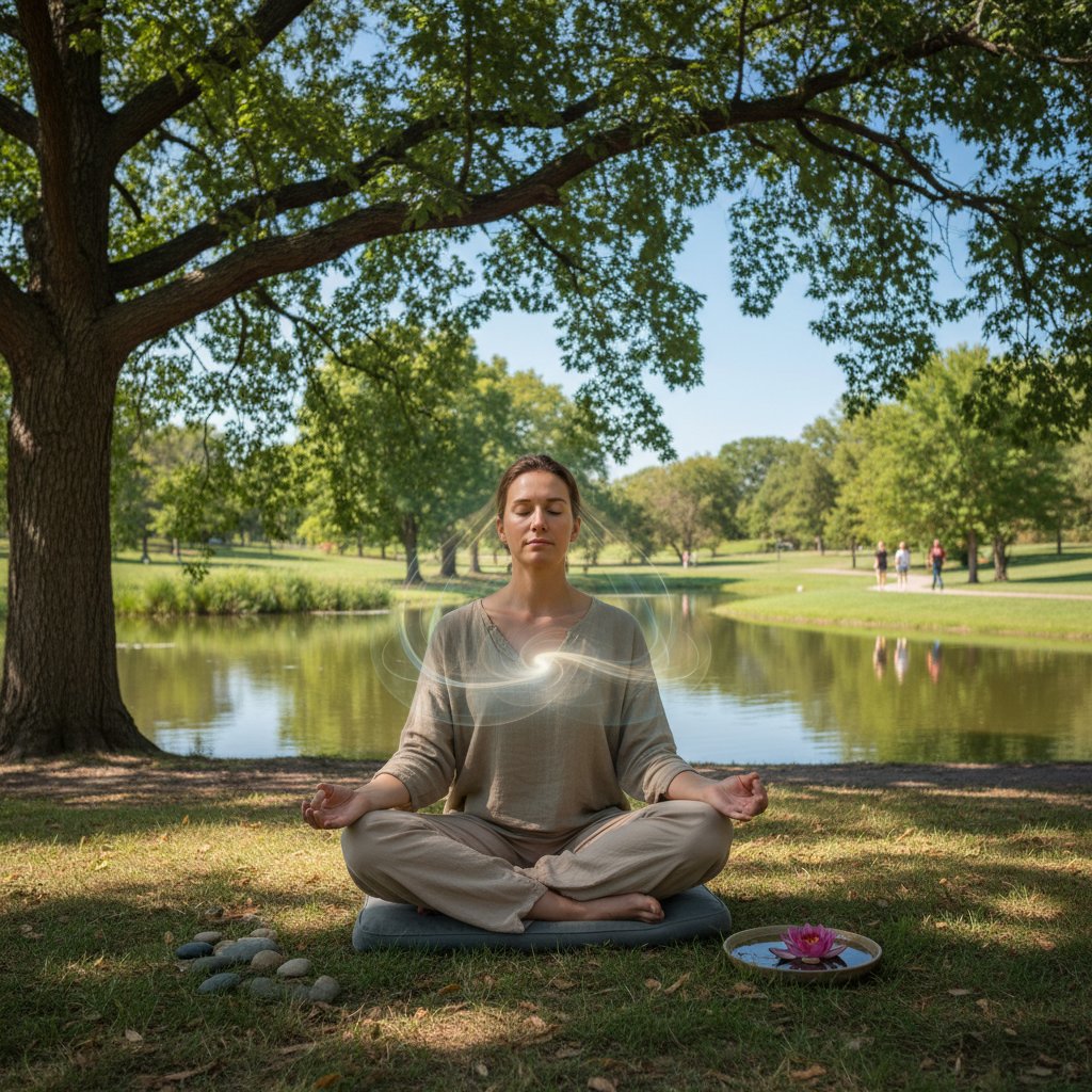 Osoba medytująca w parku, symbolizująca mindfulness i autorefleksję