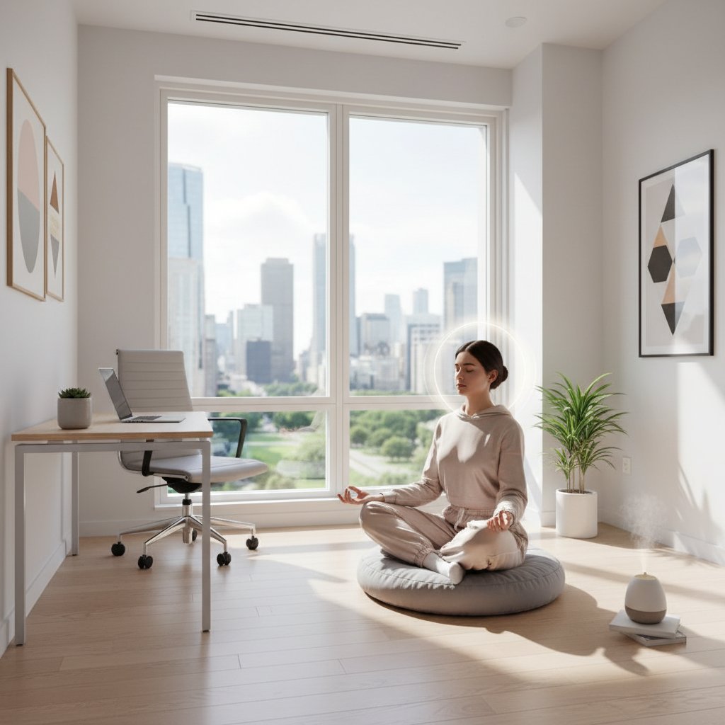 Medytująca osoba w nowoczesnym biurze – mindfulness i techniki relaksacyjne w pracy