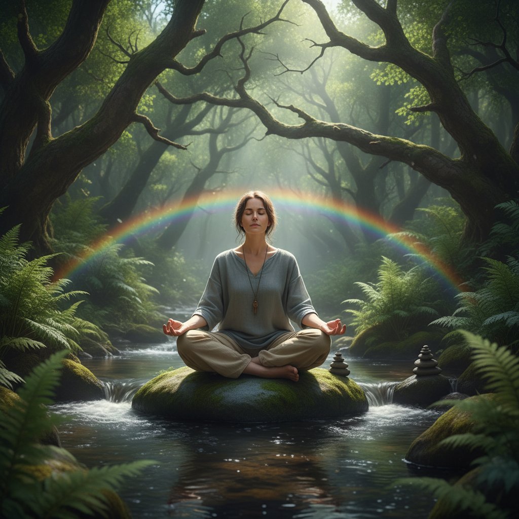 Osoba medytująca na tle natury, praktykująca mindfulness jako formę pracy z systemem przywiązania