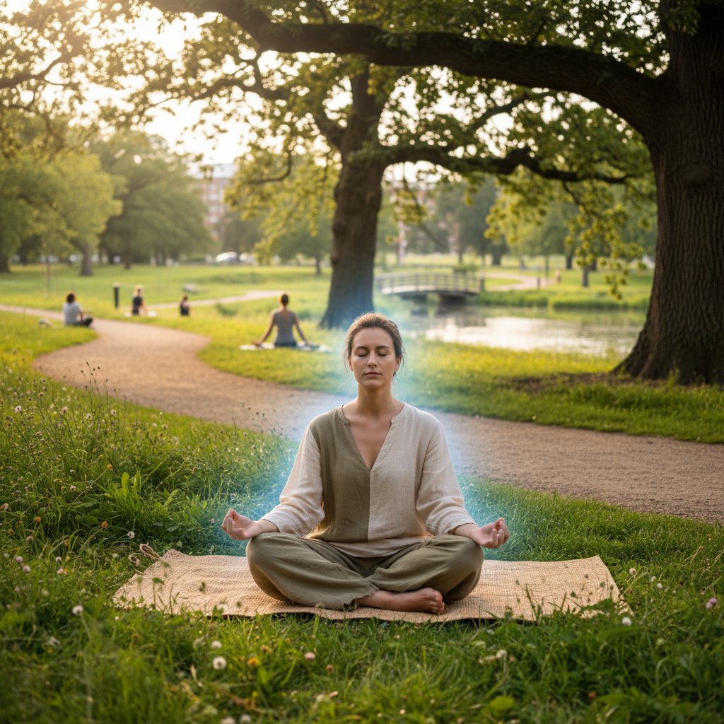 Osoba siedząca w pozycji medytacyjnej w parku, otoczona zielenią – ilustracja ćwiczeń mindfulness