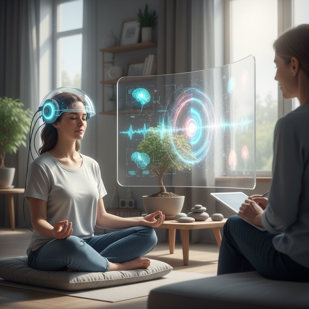 Skupiona osoba podczas ćwiczeń mindfulness na tle grafiki symbolizującej aktywność mózgu