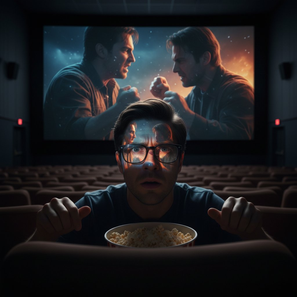 Kadr z filmu: osoba wpatrzona w ekran, światło odbija się w oczach, napięcie