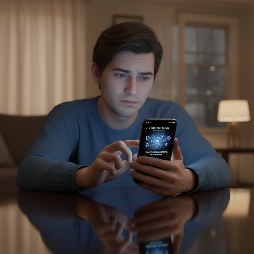 Osoba zamyślona patrząca na telefon z aplikacją wróżby, wyraz twarzy niepewny, atmosfera refleksji