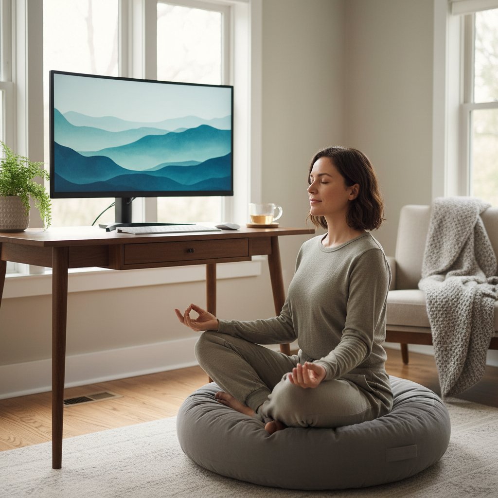 Osoba praktykująca mindfulness przy komputerze, zrelaksowana w domowym biurze
