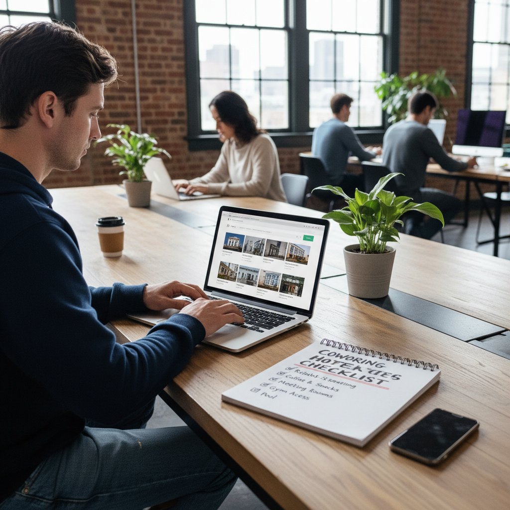 Traveler comparing coworking hotels on laptop with checklist visible in a modern workspace