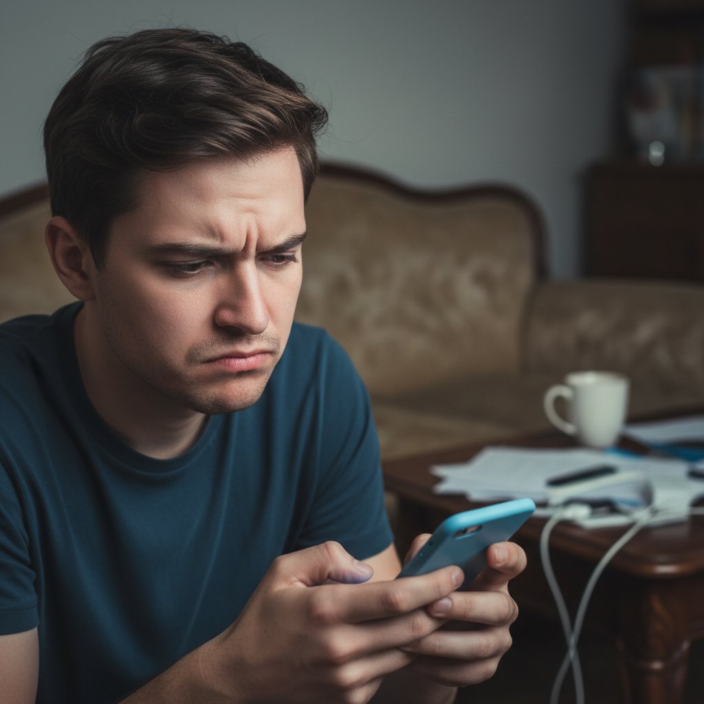 Osoba przewijająca porady w telefonie z wyraźnym zniecierpliwieniem i dezorientacją