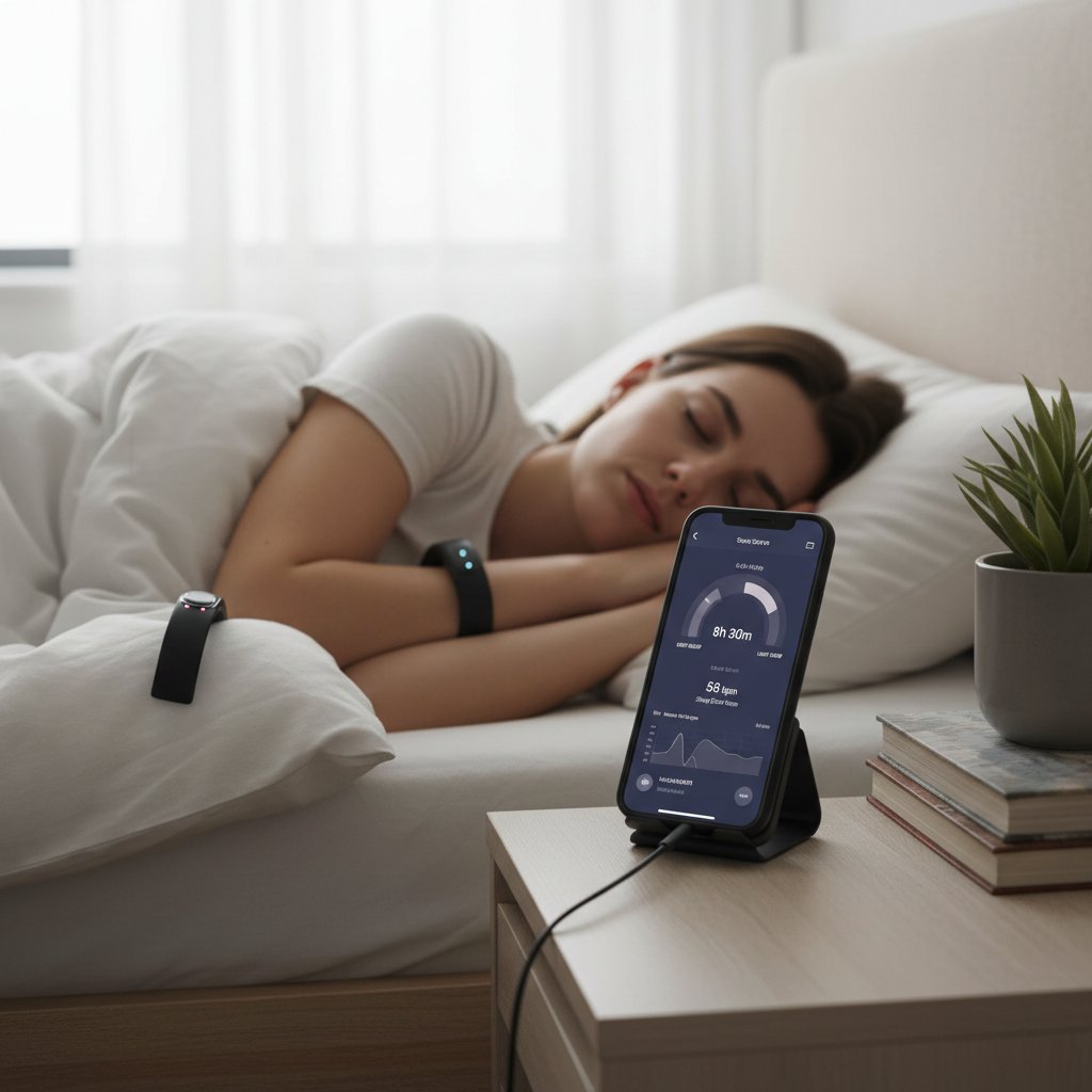 Osoba śpiąca z nowoczesną opaską monitorującą sen, obok smartfon z aplikacją analizującą dane snu