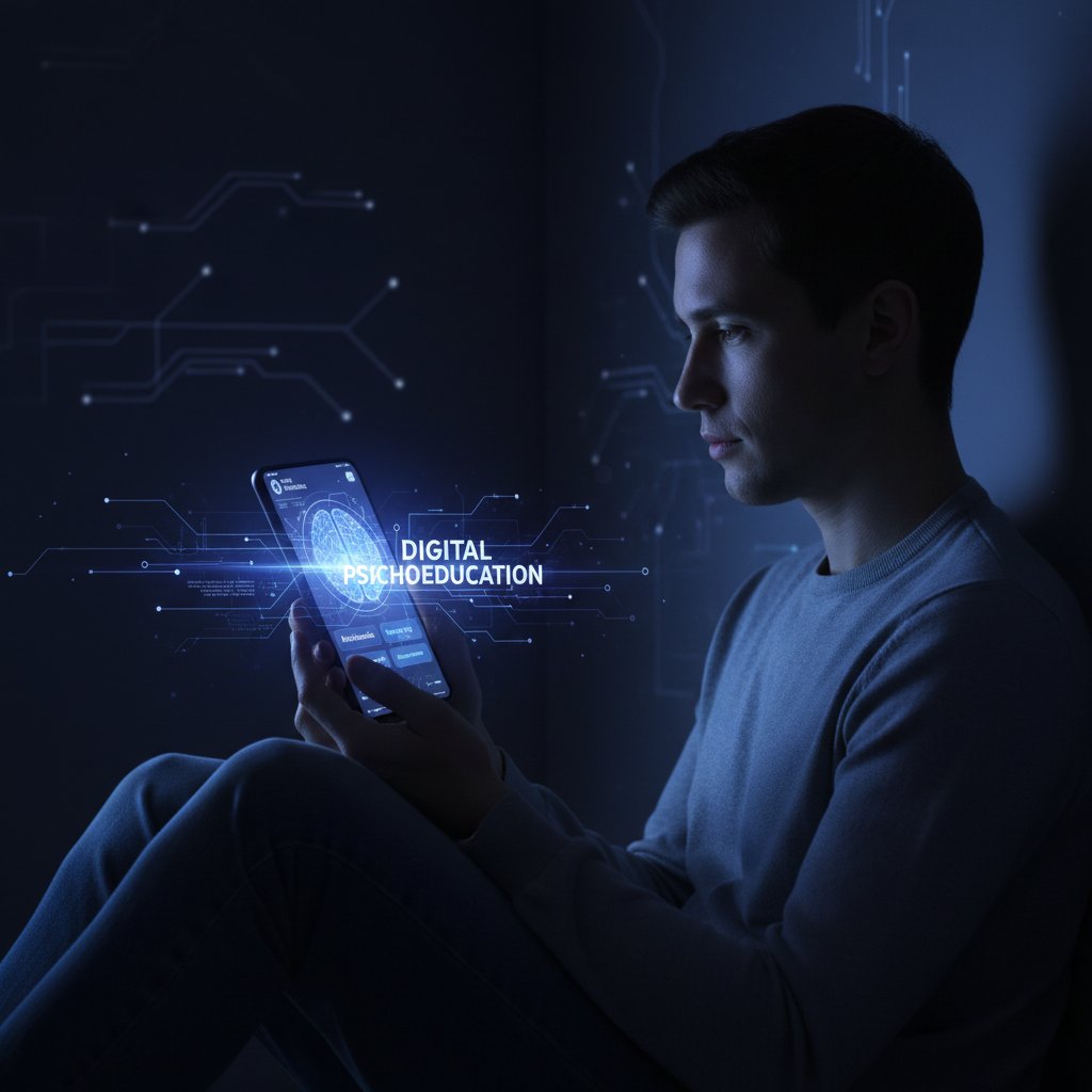 Symbolbild: Person nutzt Smartphone in dunkler Umgebung, beleuchtet von Bildschirmlicht, symbolisiert digitale Psychoedukation