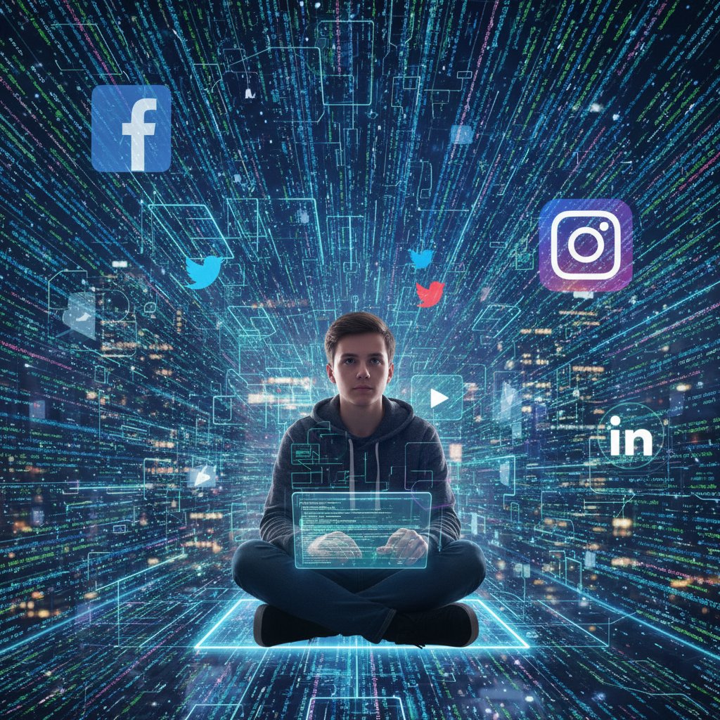 Osoba otoczona kodem algorytmicznym i ikonami social media – wpływ algorytmów na użytkownika