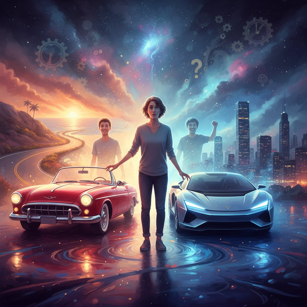Conceptual photo of an indecisive person torn between two cars on a lot, dramatizing the psychological struggle of car value