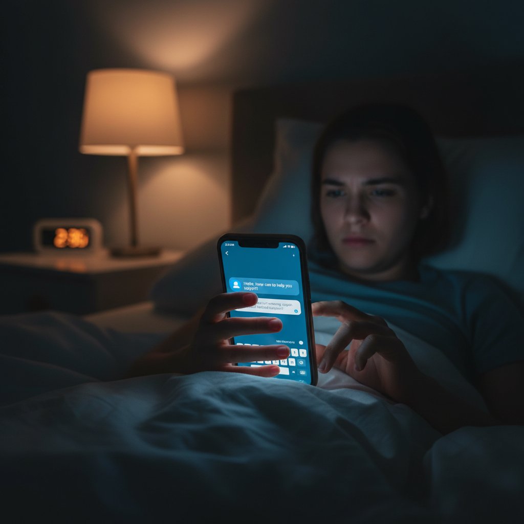 Osoba korzystająca z telefonu w nocy jako symbol wsparcia online, słowa kluczowe: zakończenie terapii, wsparcie online, samotność