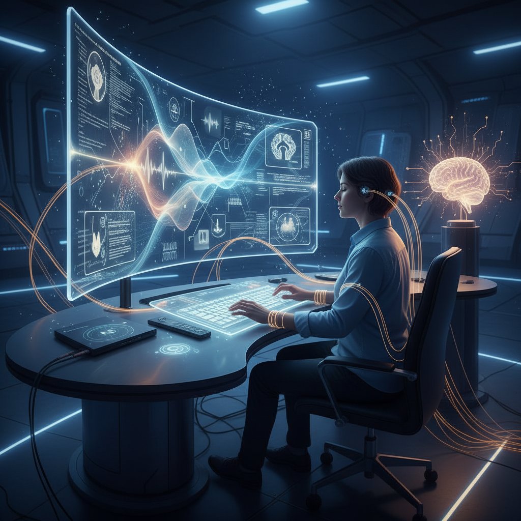 Osoba korzystająca z AI na komputerze, symboliczne połączenie technologii i intuicji