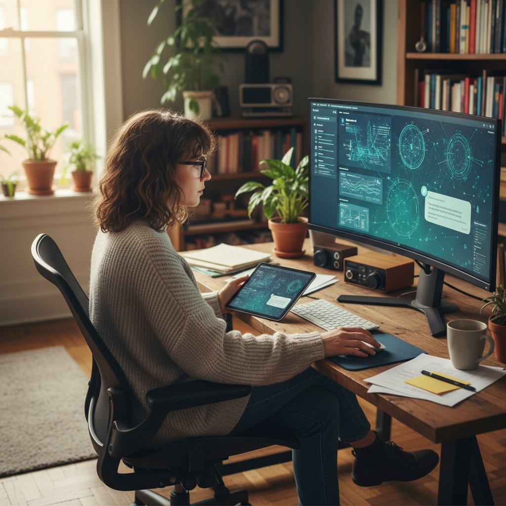 Osoba korzystająca z laptopa i aplikacji AI w domowym zaciszu