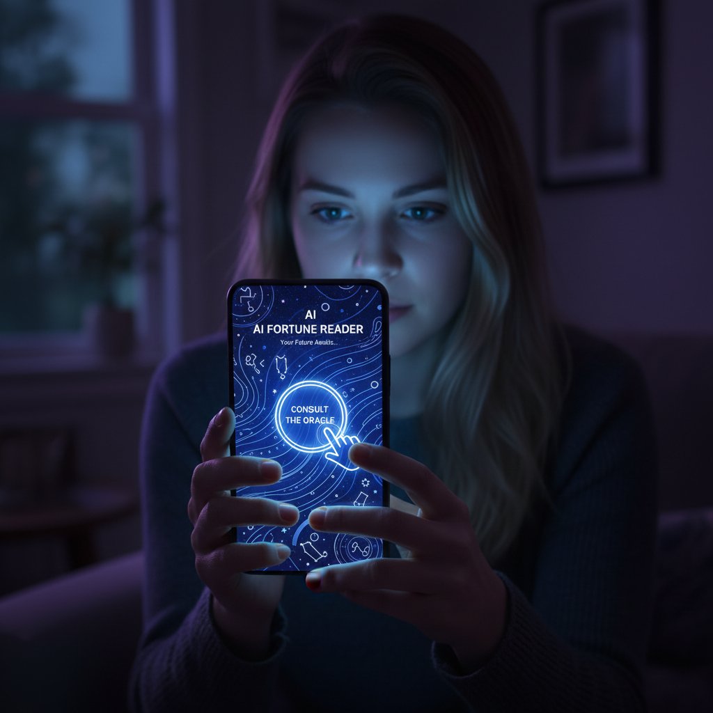 Osoba korzystająca z aplikacji wróżki AI na smartfonie, światło ekranu odbijające się na twarzy