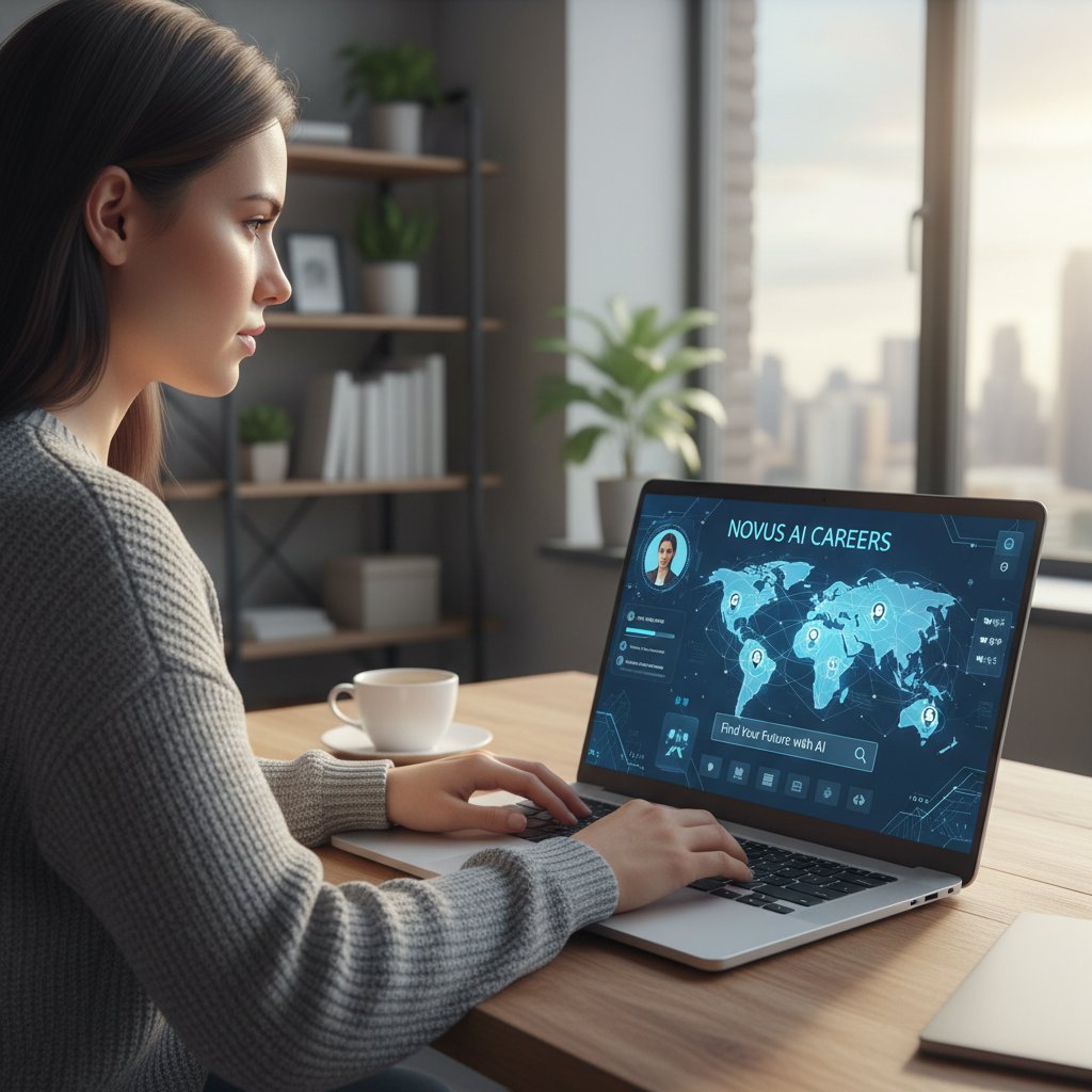 Kandydat korzystający z AI do szukania pracy – laptop, widoczny interfejs platformy AI i skupiona twarz użytkownika