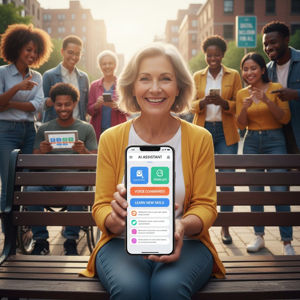 Osoba korzystająca z platformy AI na smartfonie, kontekst inkluzji cyfrowej