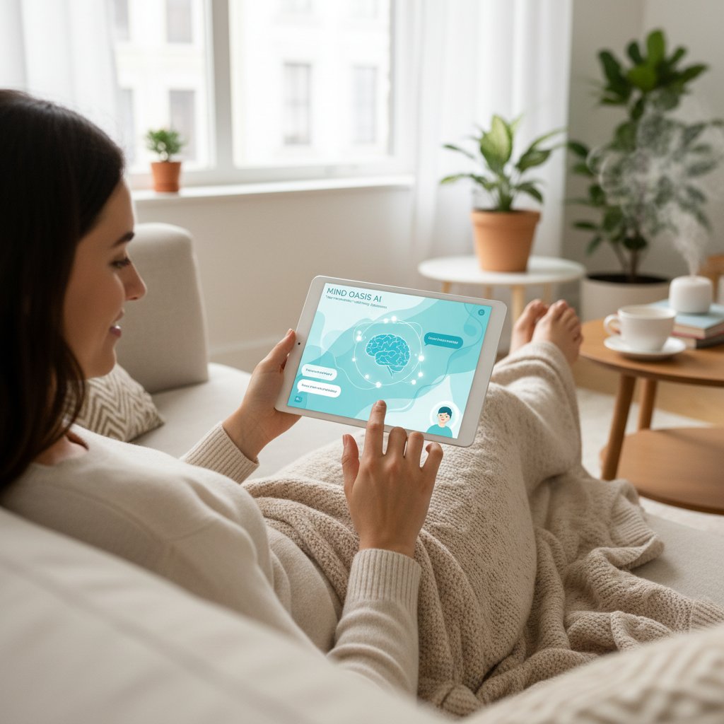 Osoba korzystająca z aplikacji psychologicznej na smartfonie, domowa atmosfera, relaks