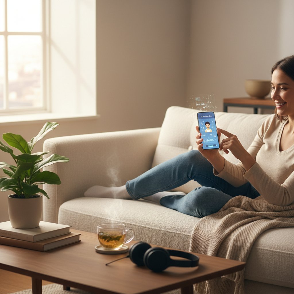 Osoba korzystająca z wsparcia AI na smartfonie, zrelaksowana atmosfera