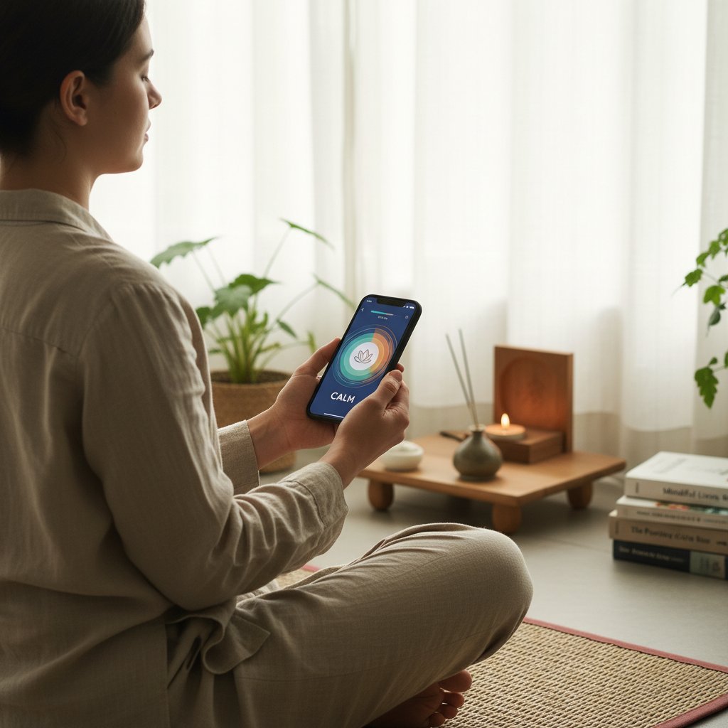 Osoba korzystająca z aplikacji do mindfulness na smartfonie
