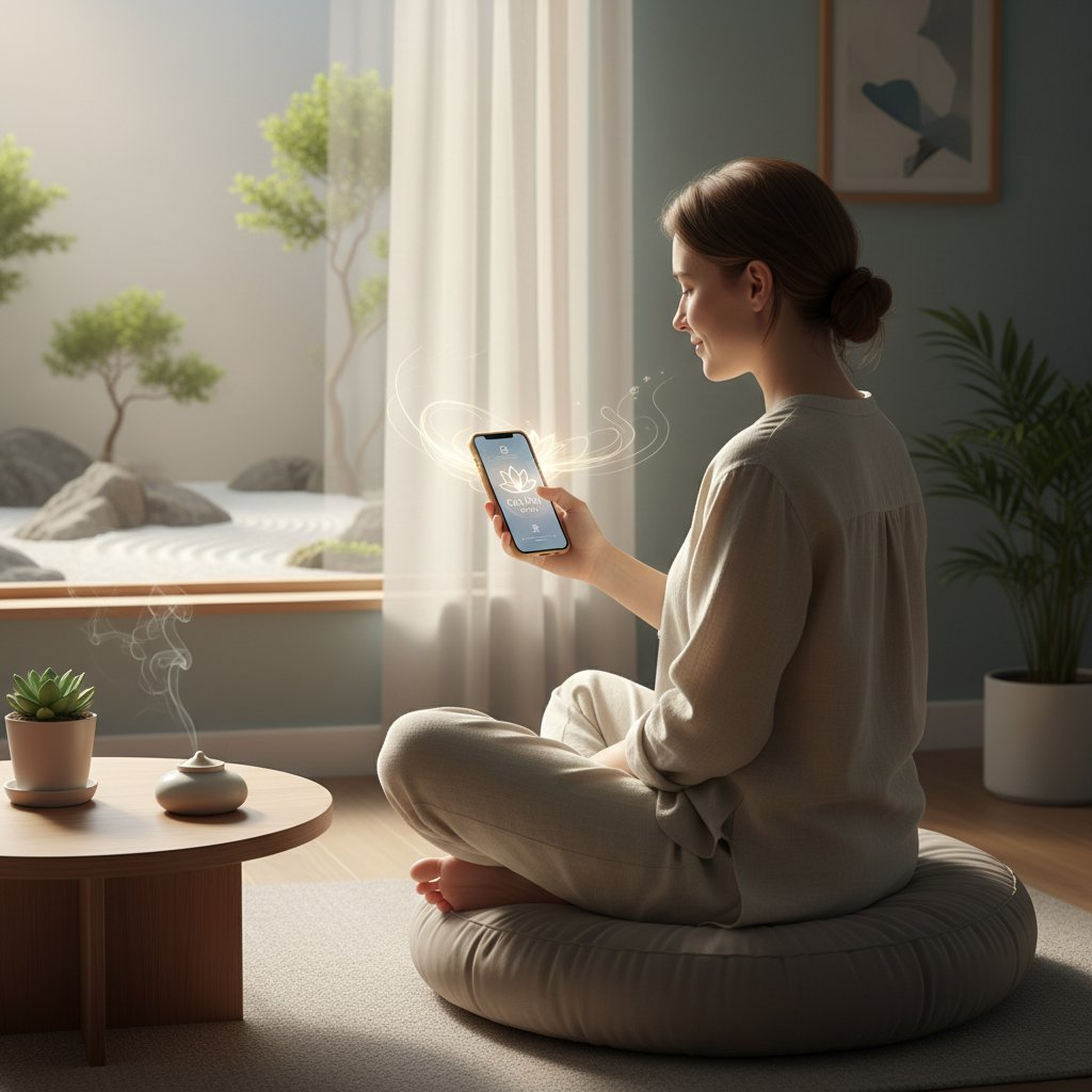 Młoda osoba siedząca z telefonem, korzystająca z aplikacji do mindfulness, spokojne otoczenie