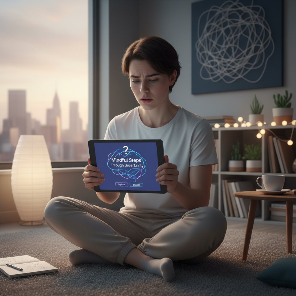 Osoba korzystająca z aplikacji mindfulness na smartfonie, wieczorem przy biurku