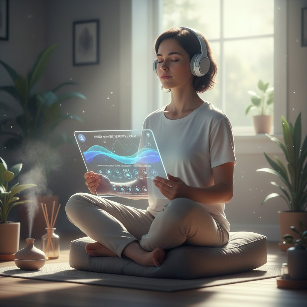Osoba korzystająca z aplikacji mobilnej do analizy nastroju po sesji solfeggio