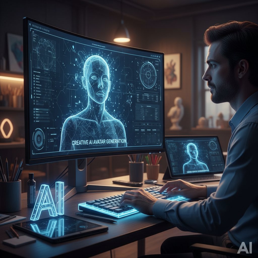 Osoba korzystająca z komputera, na ekranie kreatywny avatar generowany przez AI