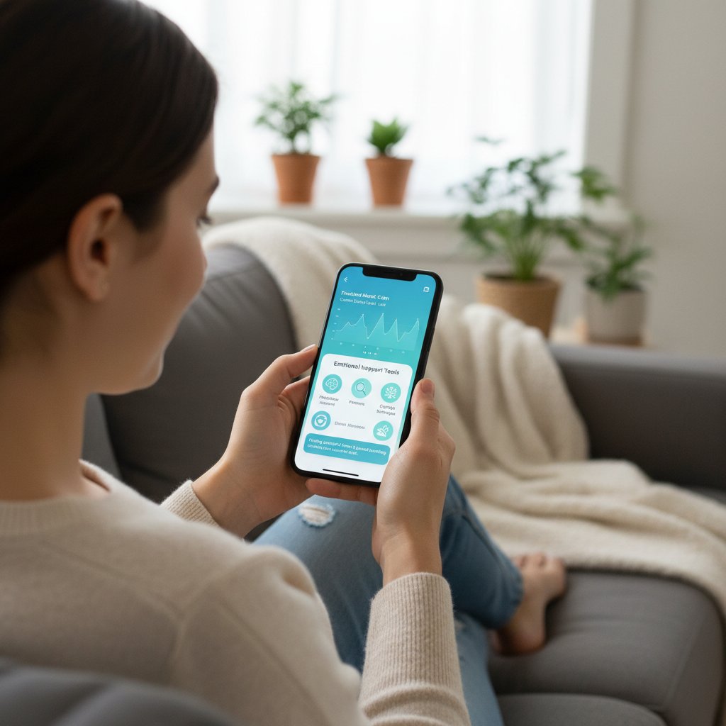 Zdjęcie osoby korzystającej z aplikacji wsparcia emocjonalnego na smartfonie – nowoczesne narzędzia predykcyjne w praktyce