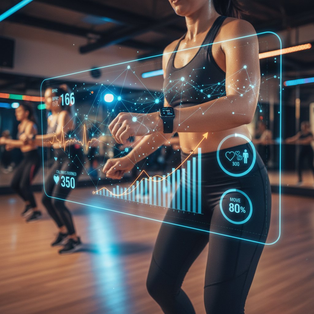 Monitorowanie ćwiczeń aerobowych za pomocą technologii: osoba w trakcie treningu grupowego korzysta z opaski fitness, widoczne dane na wyświetlaczu