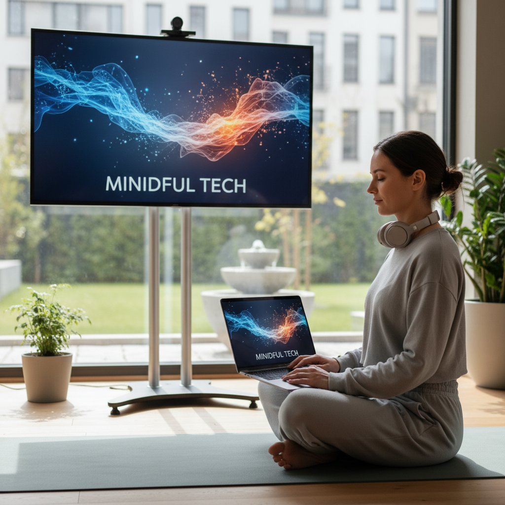 Osoba korzystająca z laptopa podczas sesji mindfulness – ilustracja nowych trendów technologicznych w pracy nad przekonaniami