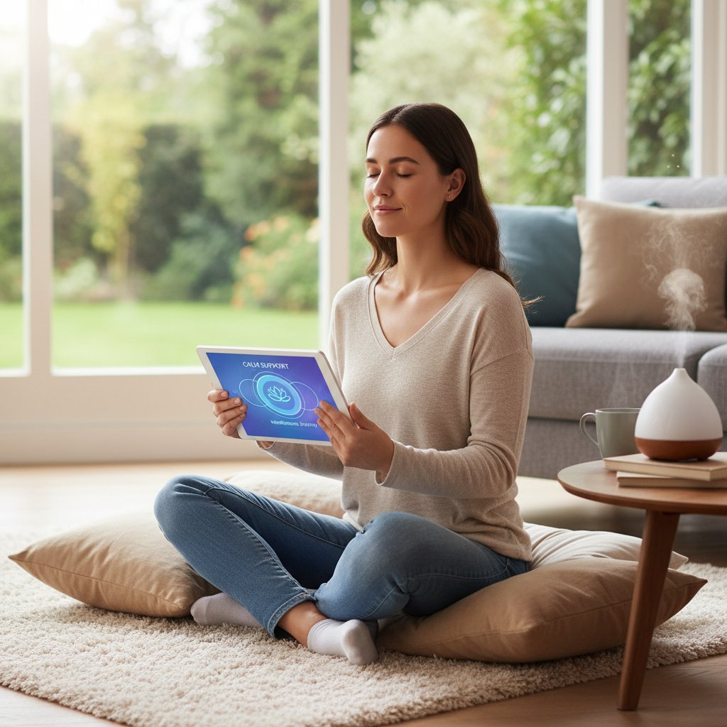 Osoba korzystająca z aplikacji mindfulness na smartfonie, domowa atmosfera, poczucie spokoju i wsparcia