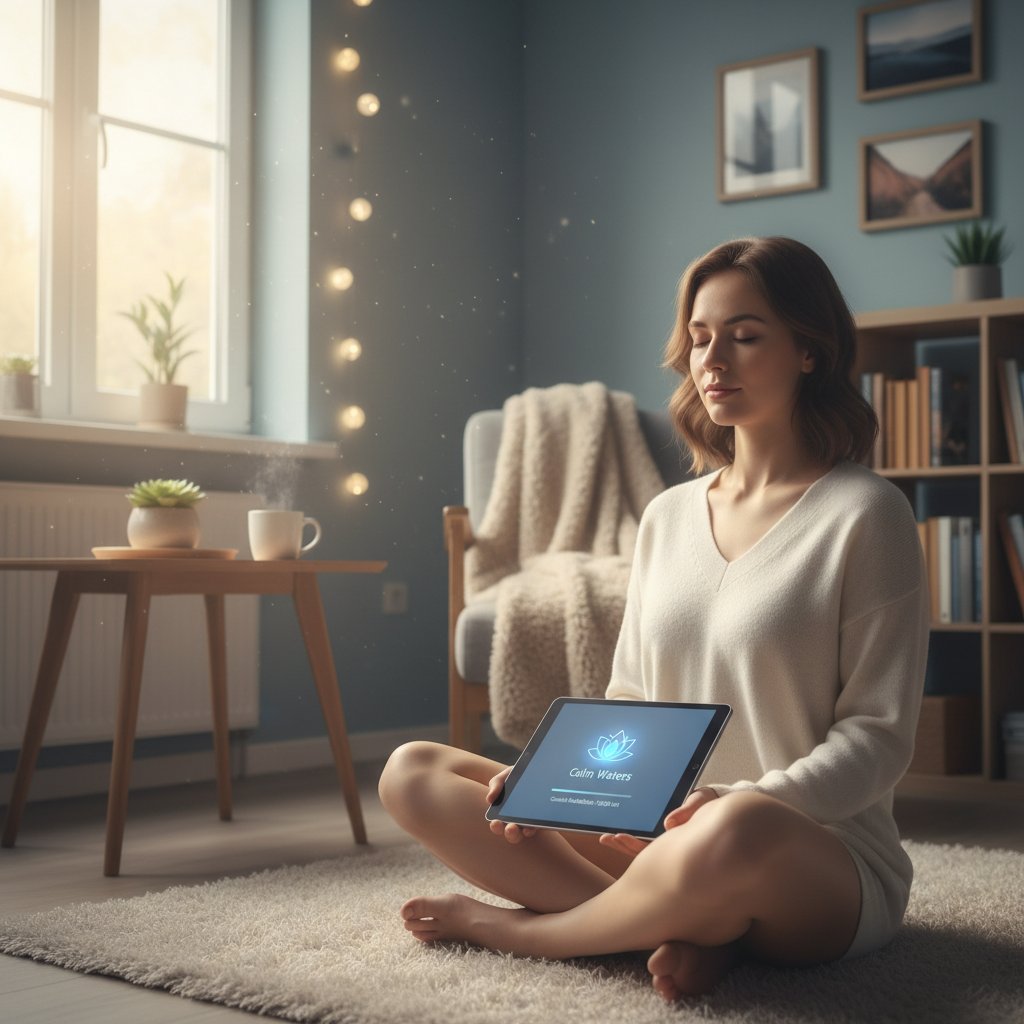 Osoba korzystająca z aplikacji mindfulness na tablecie, spokojna atmosfera domowa