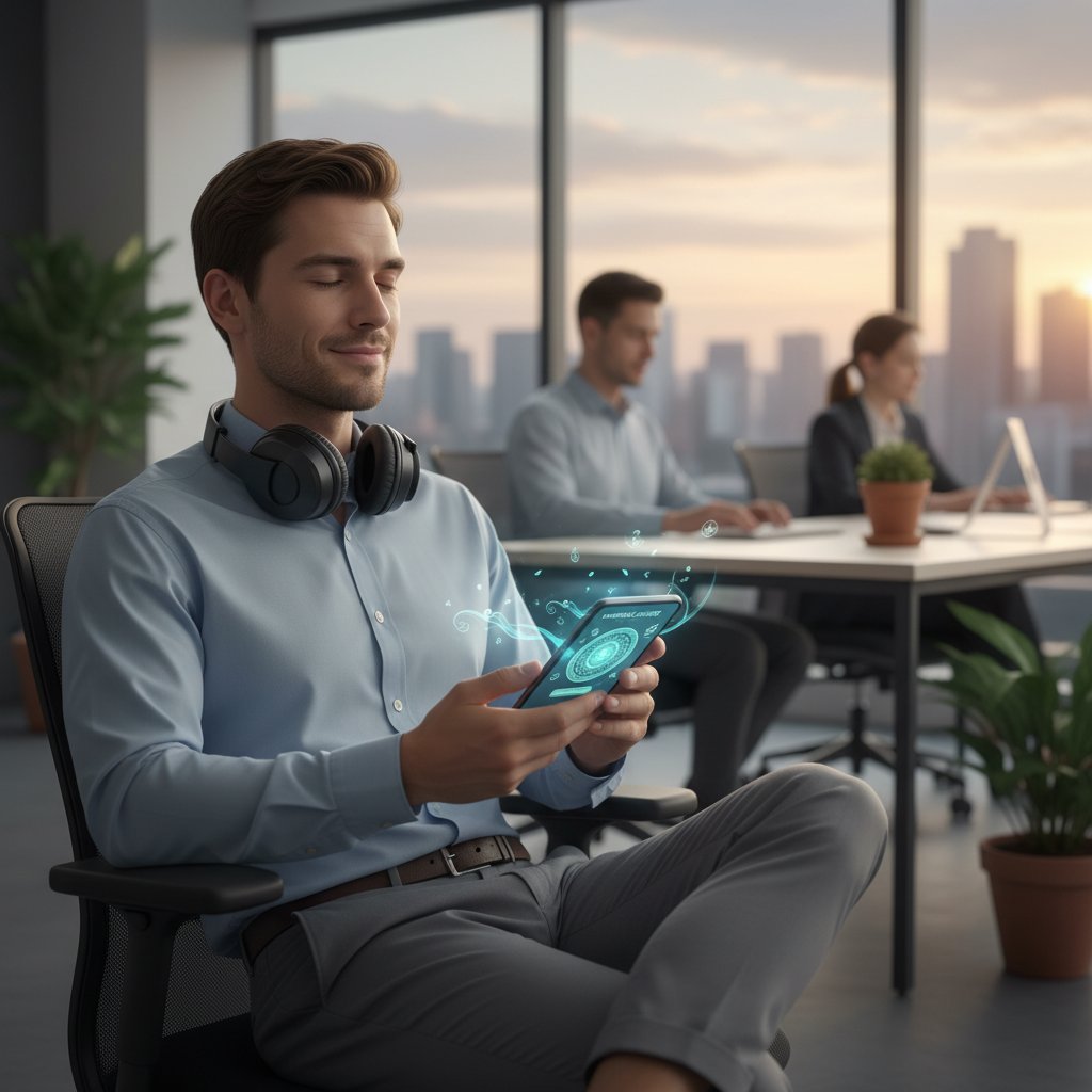 Osoba korzystająca z aplikacji mindfulness na smartfonie w biurze